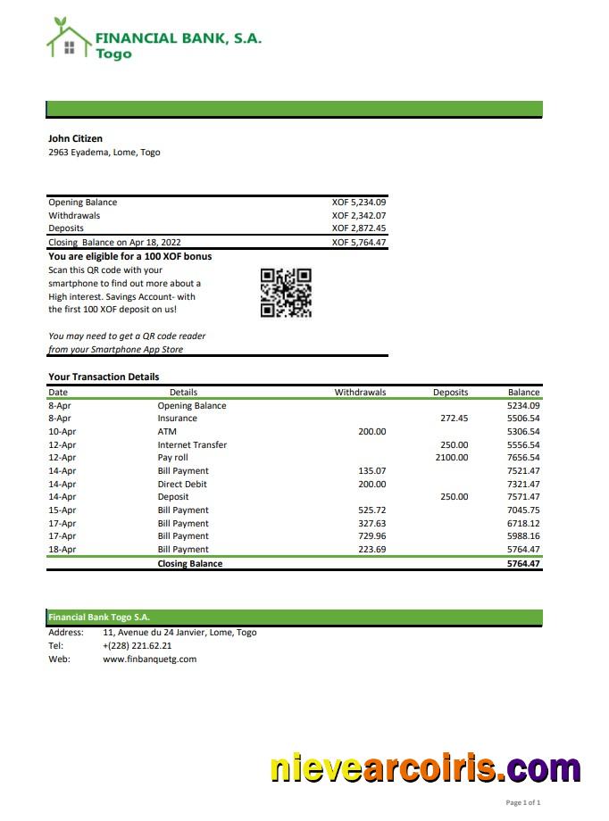 Togo Financial Bank statement xls